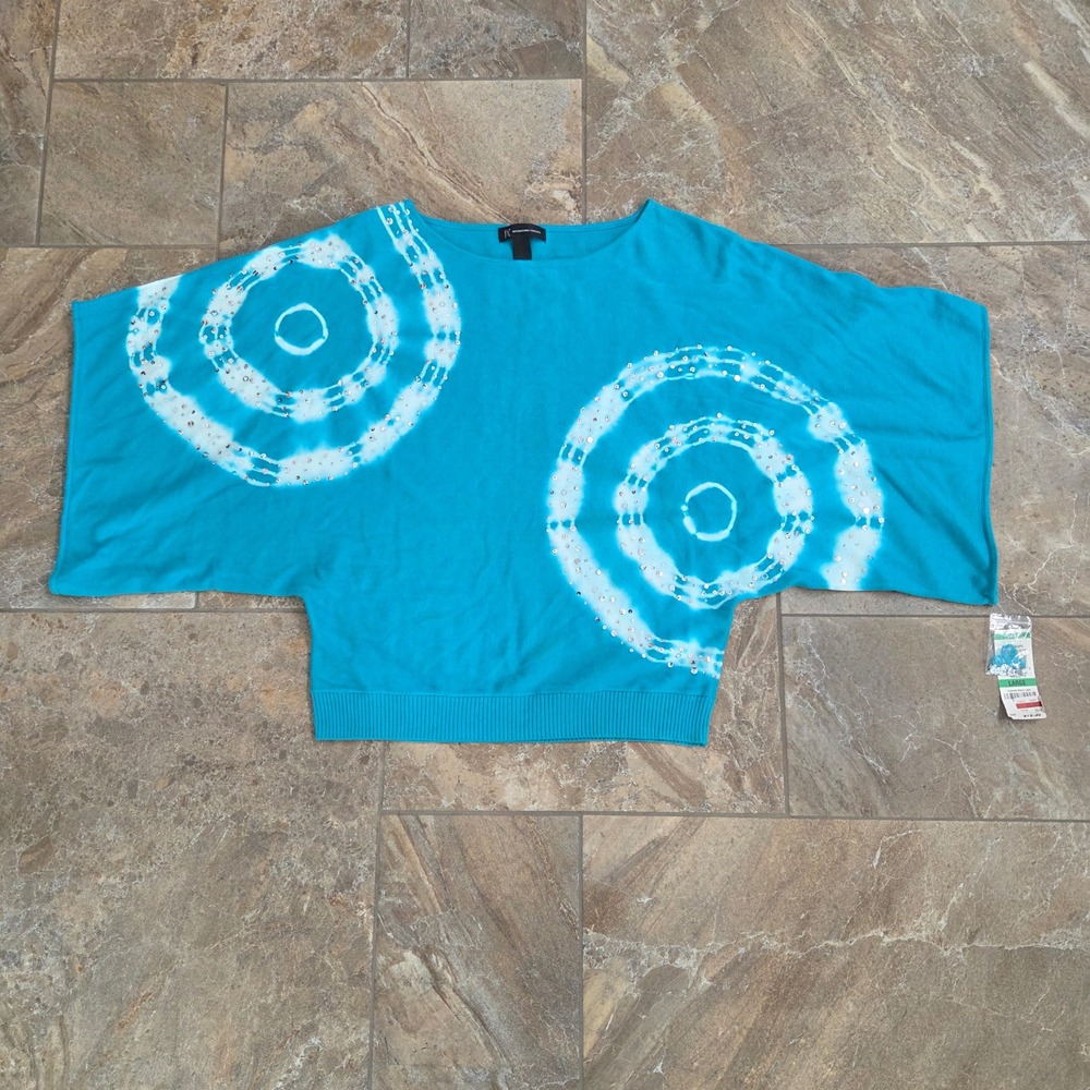 NWT INC International Concepts Teal Tie Dye Sequin Dolman Sleeve Knit Top Large